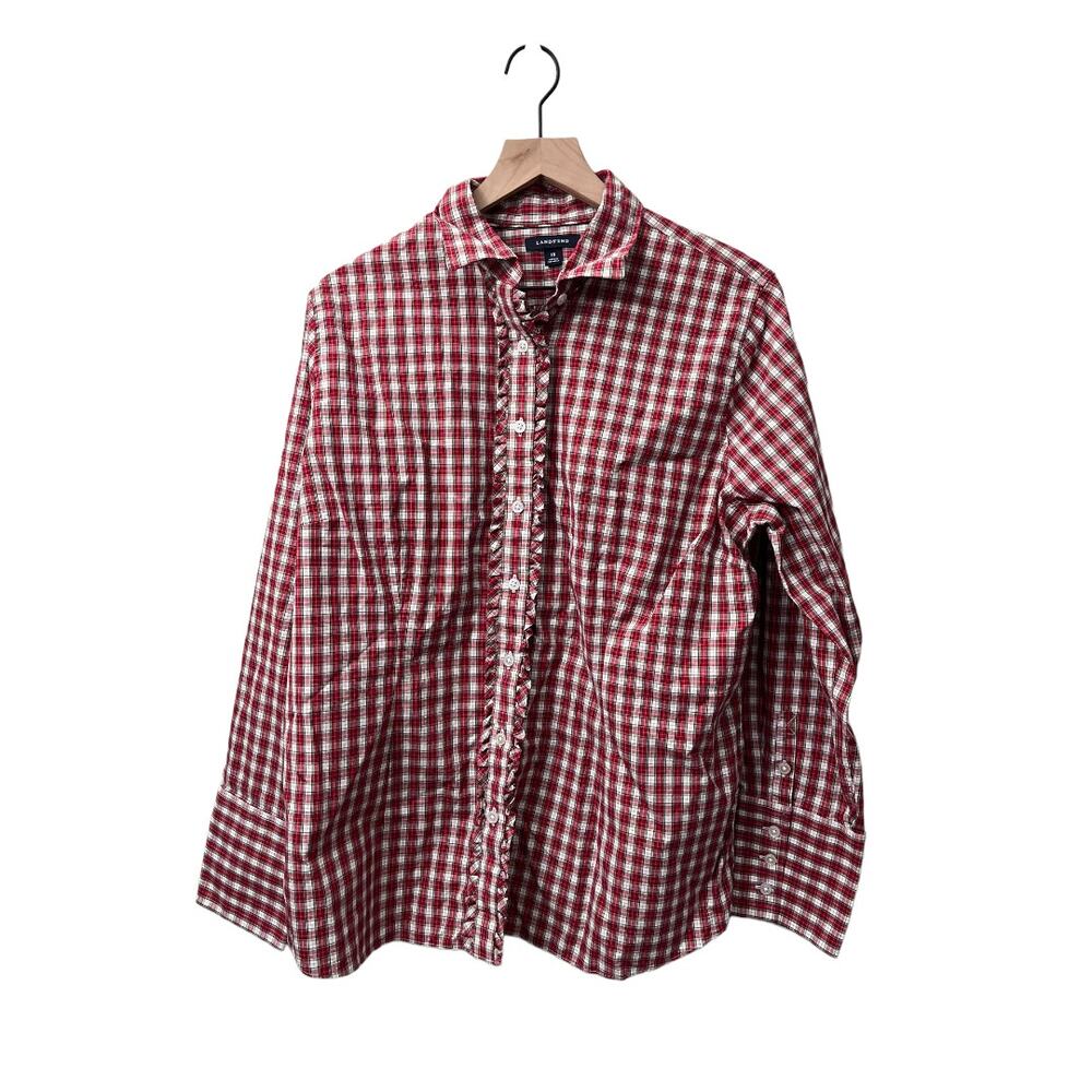 Lands End Womens Long Sleeve Ruffle Detail Button Down Size 18 Red Plaid